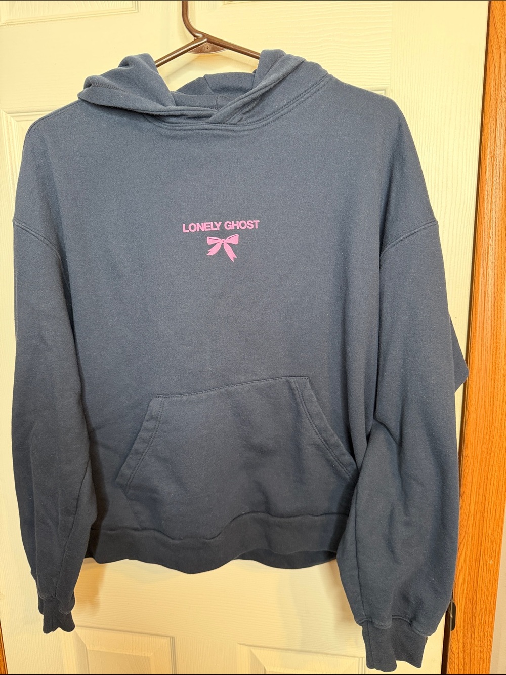 LONELY GHOST Navy Crewneck Hoodie with Pink Logo Bow